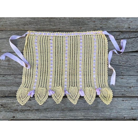 Vintage Yellow crochet Purple Ribbon Half apron - Picture 2 of 10